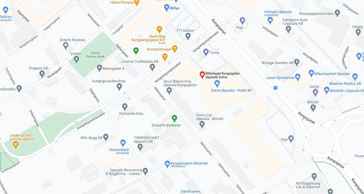 Karta med Bilbolaget Uppsala Kungsgatan markerat