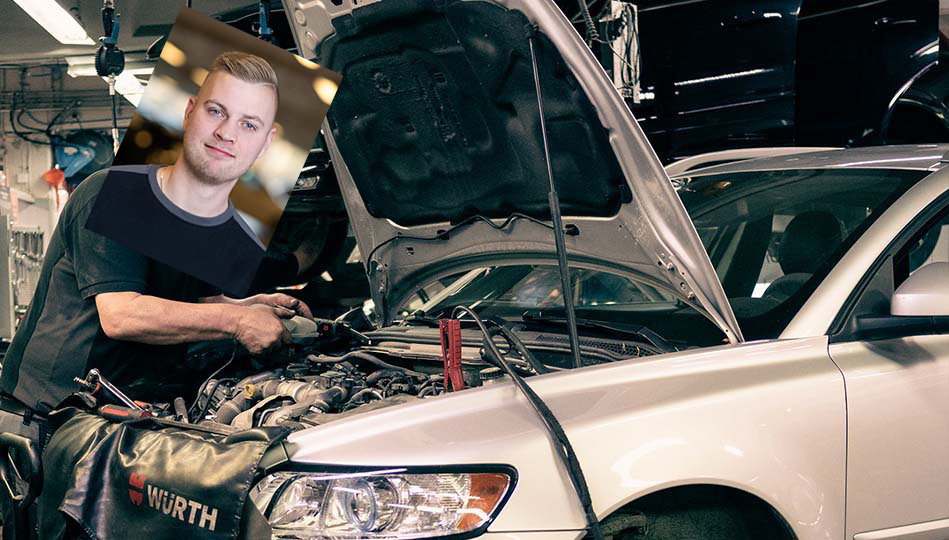 Petter, verkstadschef på Bilbolaget, servar en bil och berättar varför det är viktigt med bilservice.