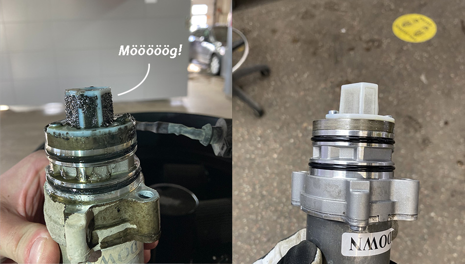 Smutsig haldexpump till vänster, rengjord till höger. Visar tydligt varför det är viktigt att rengöra systemet och lämna in bilen på en service av fyrhjulsdriften.