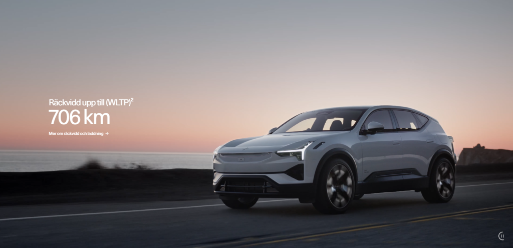 Skärmklipp från Polestars hemsida. Visar en Polestar 3 i solnedgång och texten: Räckvidd upp till (WLTP)* 706 km.