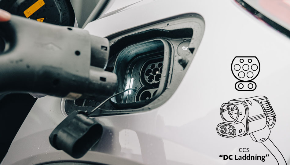 När du snabbladdar bilen behöver du ingen egen kabel. Den sitter fast i laddstationen och har en CCS-kontakt.